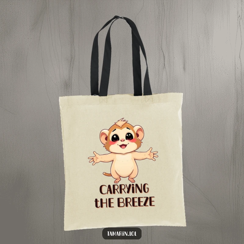 Funny Tamarin Tote Bag featuring character embracing the gentle, smiling breeze with arms wide open, perfect for outings.