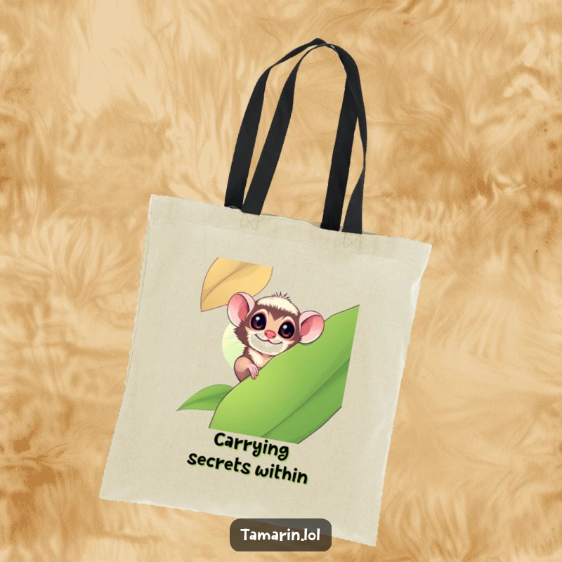 Funny tamarin monkey playfully peeking from behind a large leaf, printed on a durable tote bag.