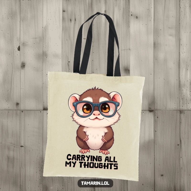Funny tamarin monkey wearing huge glasses, squinting curiously, printed on a sturdy tote bag, perfect for stylish and humorous shoppers.