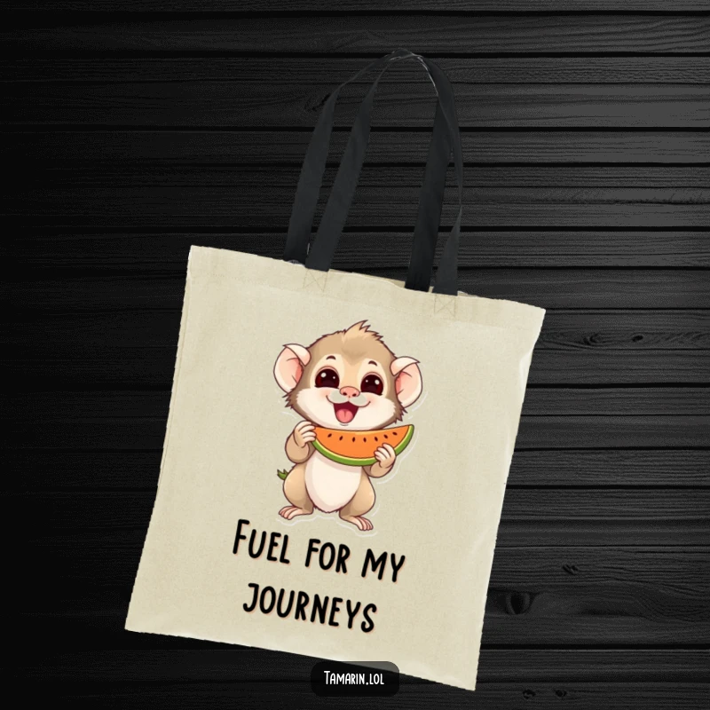 Funny Tote Bag with an excited tamarin character holding a juicy piece of fruit, perfect for carrying snacks or essentials.