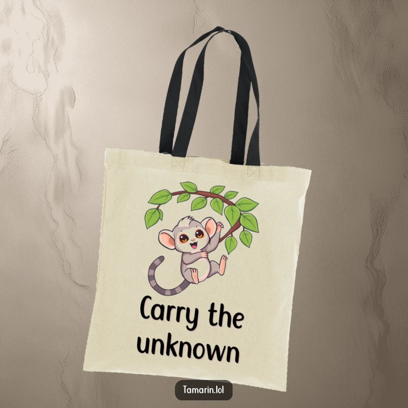 Funny tote bag, tamarin swinging from a question mark vine, curious monkey accessory, humorous carryall, perfect funny gift.
