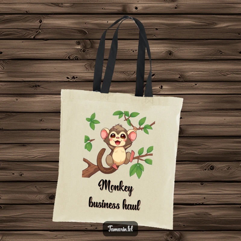 Funny Tamarin Tote Bag showcasing a lively tamarin in mid-air, swinging energetically through vibrant green foliage.
