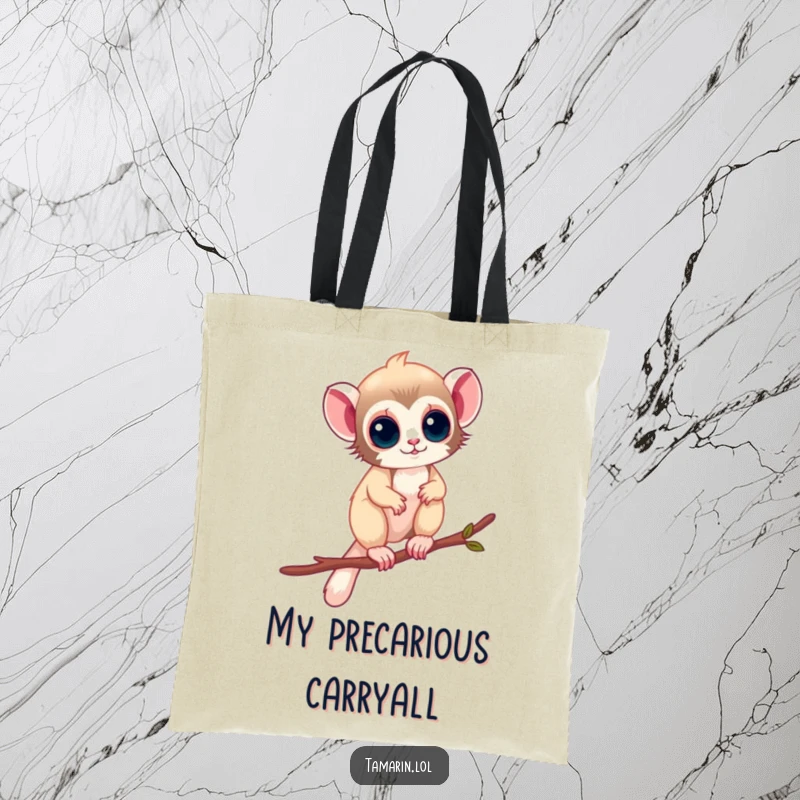 Funny Tote Bag: A tamarin balances precariously on a thin twig, celebrating agility and nature, ideal for a funny gift.