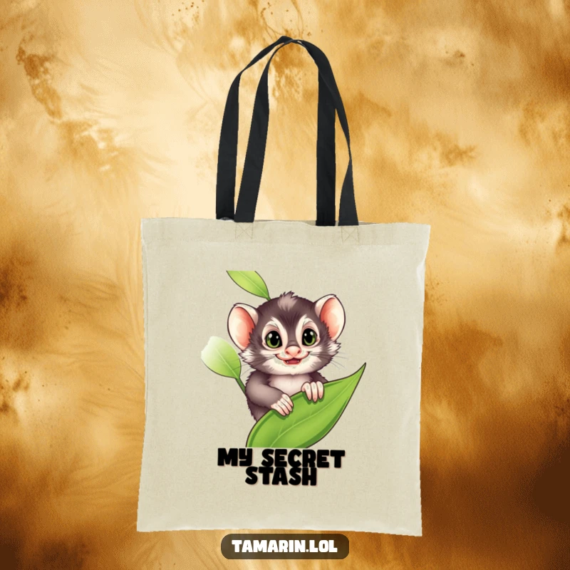 Funny Tote Bag: A tamarin peeks from a leaf with a mischievous grin, symbolizing playful secrets, ideal for a funny gift.