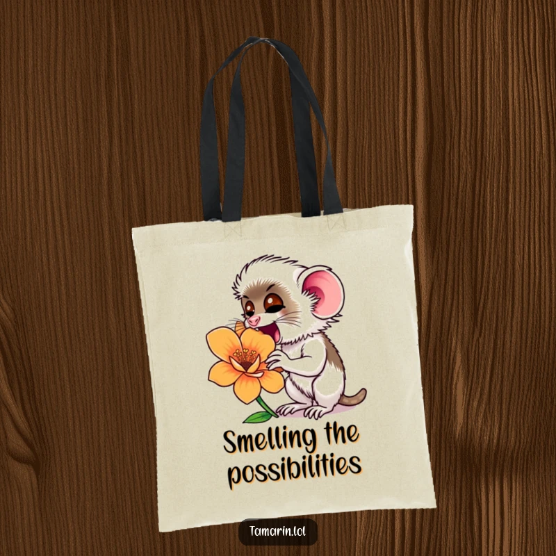 Funny tamarin monkey eagerly sniffing a large, bright flower, printed on a handy tote bag.